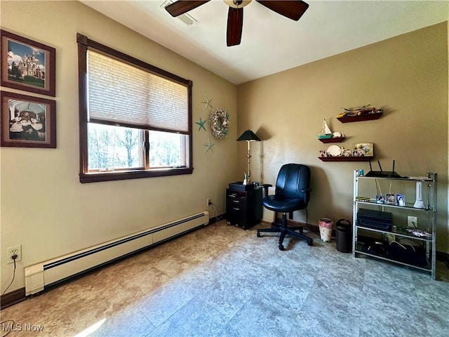 office area with baseboards, a baseboard heating unit, and a ceiling fan