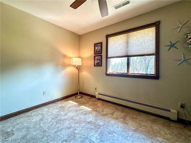 empty room featuring visible vents, ceiling fan, a baseboard heating unit, and baseboards