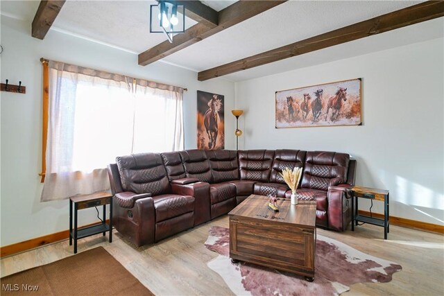 living room featuring baseboards, beam ceiling, and wood finished floors