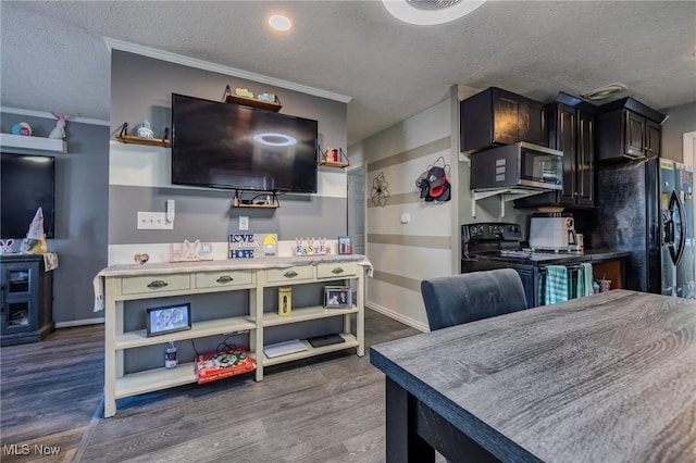 kitchen with wood finished floors, open shelves, black appliances, a textured ceiling, and crown molding