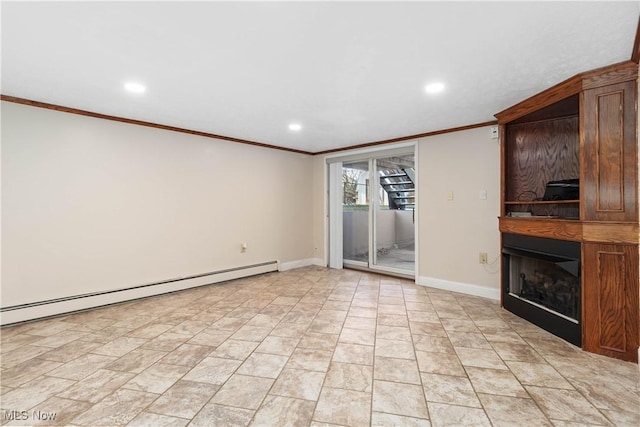 unfurnished living room with a large fireplace, baseboards, ornamental molding, recessed lighting, and a baseboard radiator