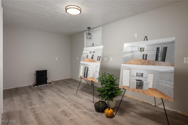 living area with radiator, a textured ceiling, and wood finished floors