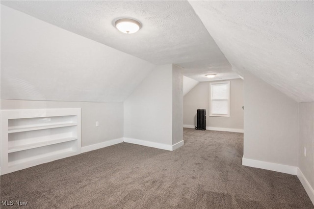 additional living space featuring built in features, a textured ceiling, carpet flooring, baseboards, and vaulted ceiling