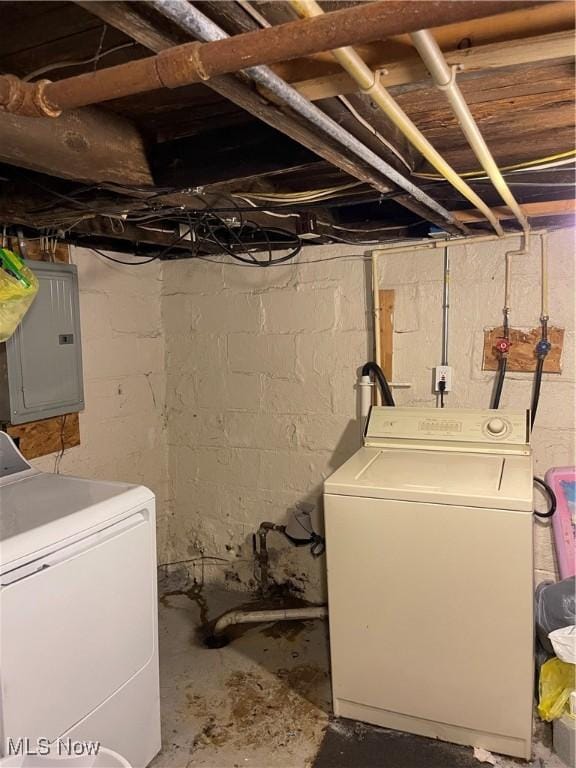 laundry room with electric panel, washer / dryer, and laundry area