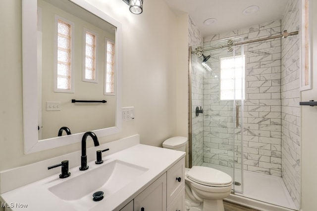 full bathroom with a wealth of natural light, a shower stall, and toilet