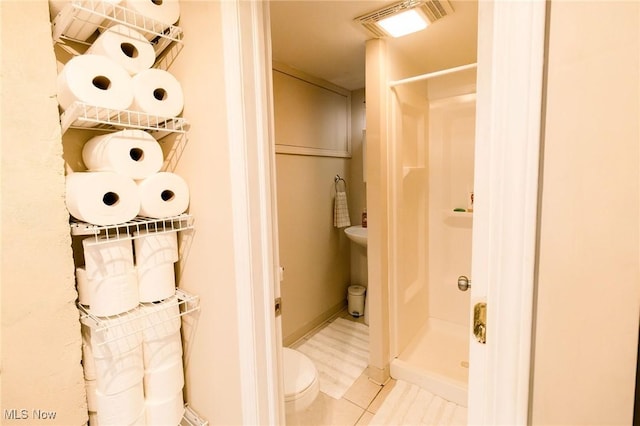 full bath with a shower stall, toilet, visible vents, and tile patterned floors