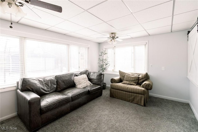 living area featuring baseboards, ceiling fan, a drop ceiling, a barn door, and carpet floors