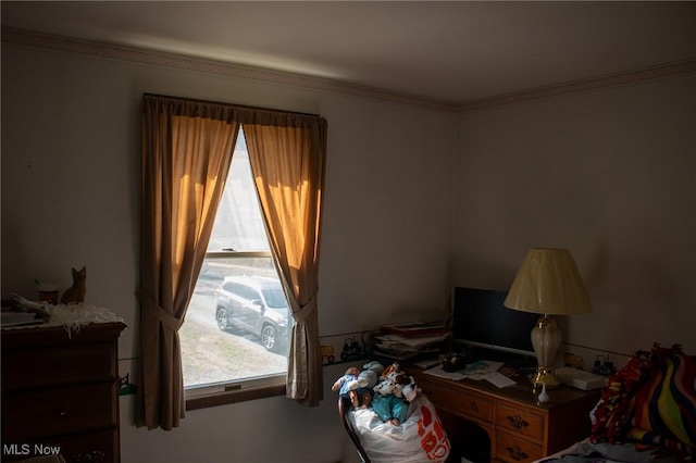 bedroom with crown molding and multiple windows