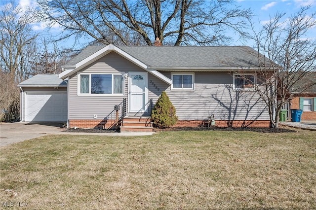 single story home with driveway, a chimney, a front lawn, and a shingled roof