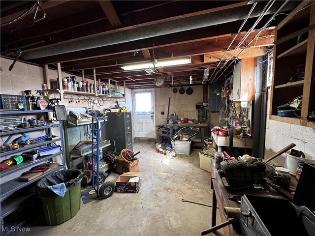 basement featuring a workshop area and concrete block wall