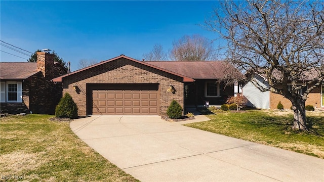 ranch-style house featuring brick siding, an attached garage, concrete driveway, and a front lawn