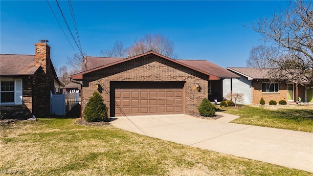 ranch-style house featuring driveway, brick siding, an attached garage, and a front lawn