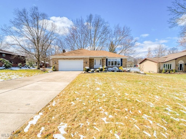 view of front of home featuring a garage, driveway, a chimney, and a front lawn