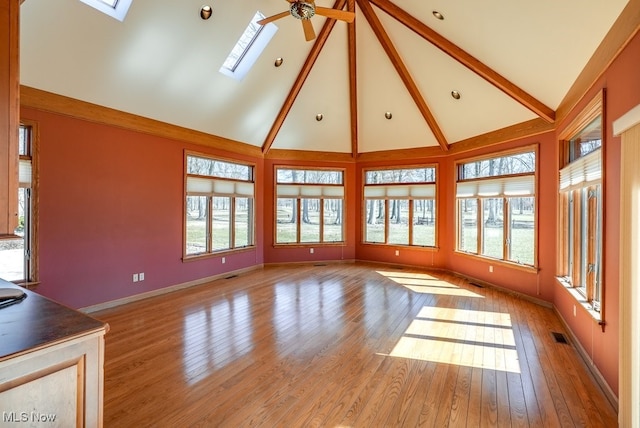 unfurnished living room with a healthy amount of sunlight, a skylight, and light wood finished floors