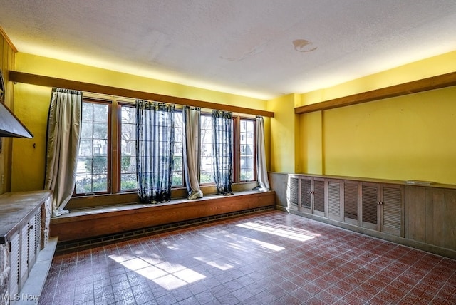 spare room featuring brick floor, a wainscoted wall, and a textured ceiling