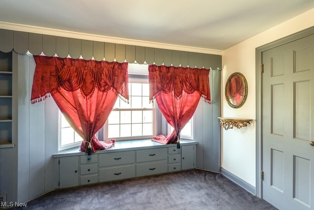 interior space with carpet floors and crown molding