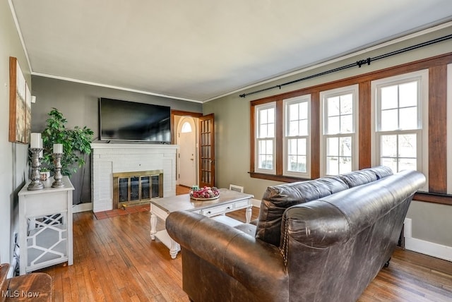 living area featuring a fireplace, a healthy amount of sunlight, and wood-type flooring