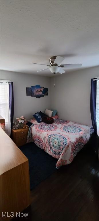 bedroom featuring multiple windows, wood finished floors, and a ceiling fan