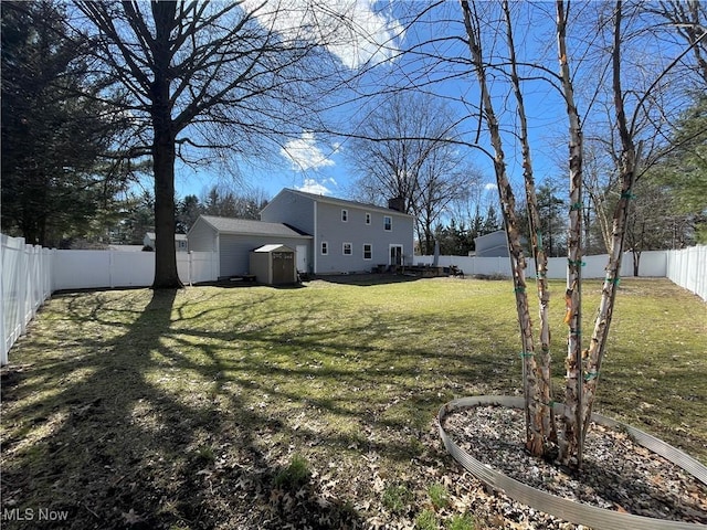 view of yard featuring a storage unit, an outbuilding, and a fenced backyard