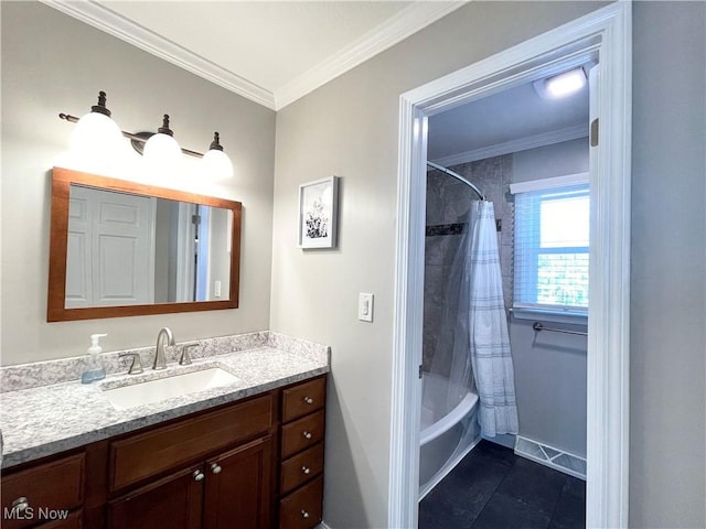 bathroom featuring shower / tub combo with curtain, ornamental molding, tile patterned flooring, baseboards, and vanity