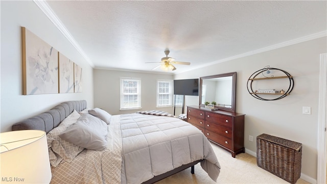 bedroom with light carpet and ornamental molding