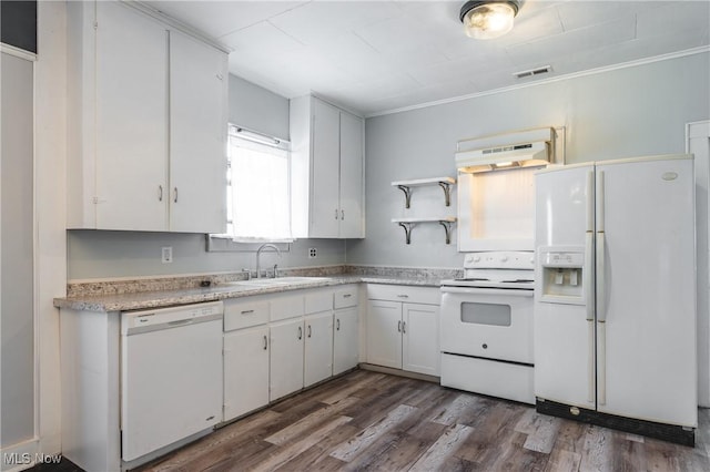 kitchen with a sink, open shelves, under cabinet range hood, white appliances, and white cabinets