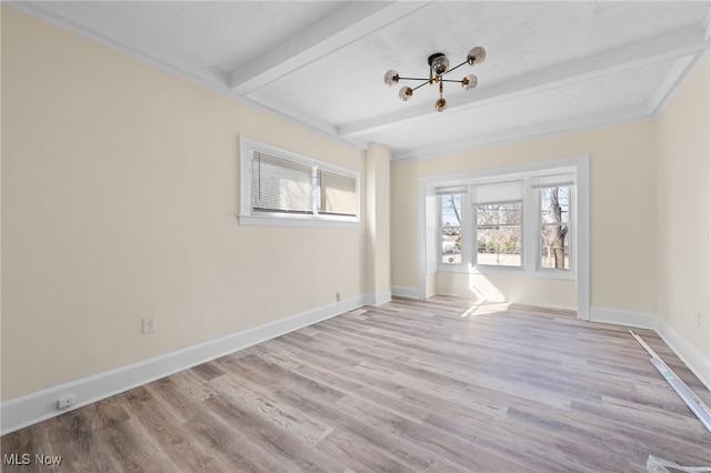 unfurnished room featuring beam ceiling, baseboards, and wood finished floors