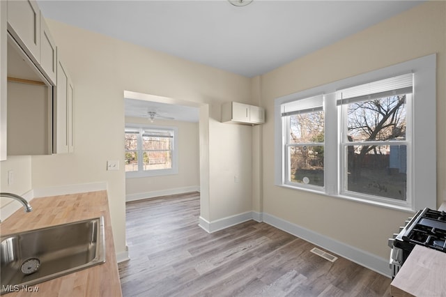 kitchen with wood finished floors, baseboards, visible vents, a wall mounted AC, and a sink