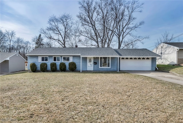 ranch-style house with driveway, an attached garage, a front yard, and a shingled roof