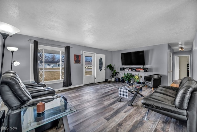 living area with a textured ceiling, baseboards, and wood finished floors