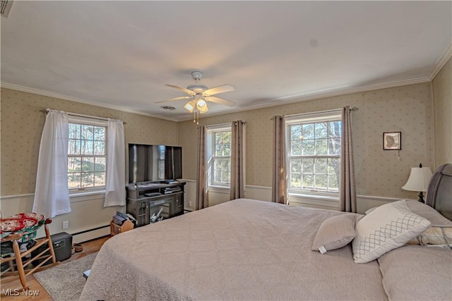 3164 Old Weymouth Rd, Medina, OH 44256 - bedroom featuring a baseboard radiator, wallpapered walls, ornamental molding, and wood finished floors