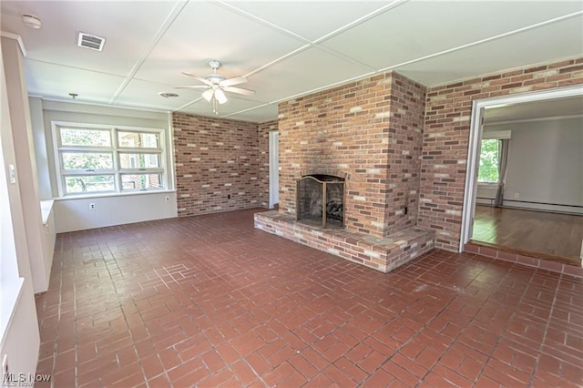 3164 Old Weymouth Rd, Medina, OH 44256 - unfurnished living room featuring a brick fireplace, a baseboard radiator, brick floor, brick wall, and ceiling fan