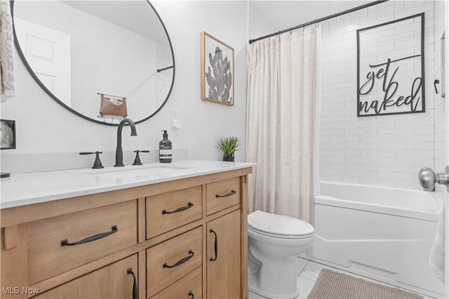 bathroom with vanity, shower / bath combination with curtain, toilet, and marble finish floor