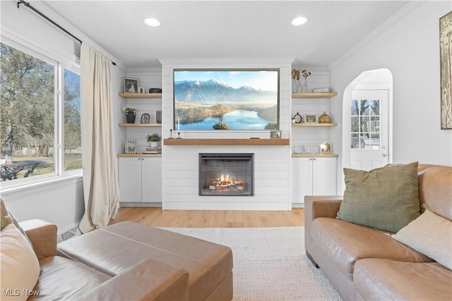 living area with light wood finished floors, ornamental molding, recessed lighting, a fireplace, and arched walkways