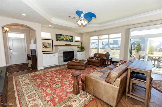 living area featuring ornamental molding, a tray ceiling, wood finished floors, recessed lighting, and a premium fireplace