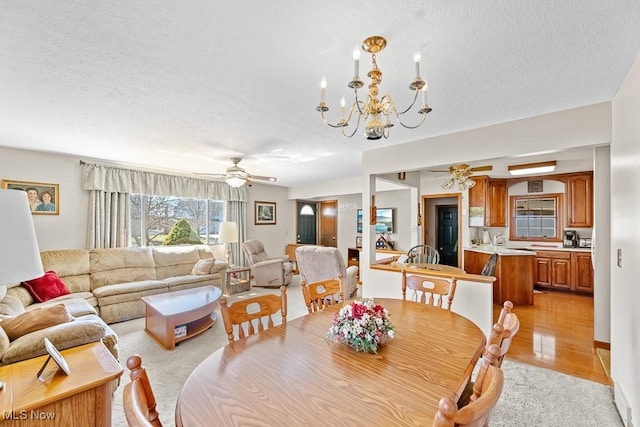 dining room featuring light wood finished floors, ceiling fan with notable chandelier, and a textured ceiling