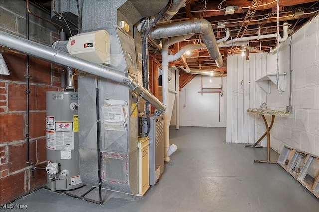 unfinished basement with heating unit and gas water heater