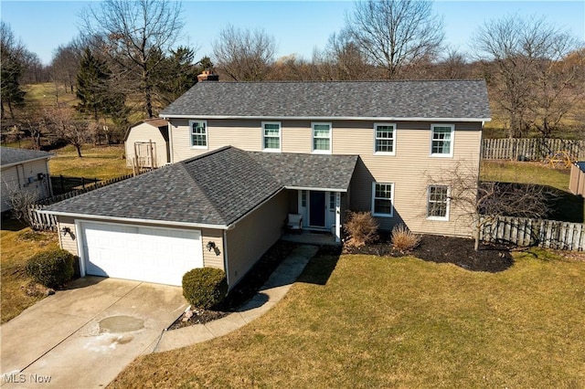 view of front of home featuring fence, roof with shingles, an attached garage, a front lawn, and concrete driveway