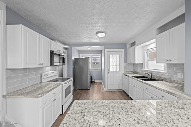 kitchen featuring white cabinetry, dark wood-type flooring, appliances with stainless steel finishes, and a sink