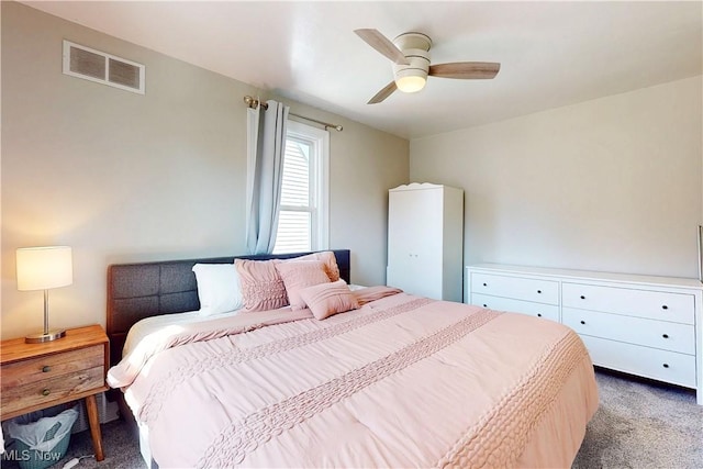 bedroom with visible vents, carpet, and a ceiling fan