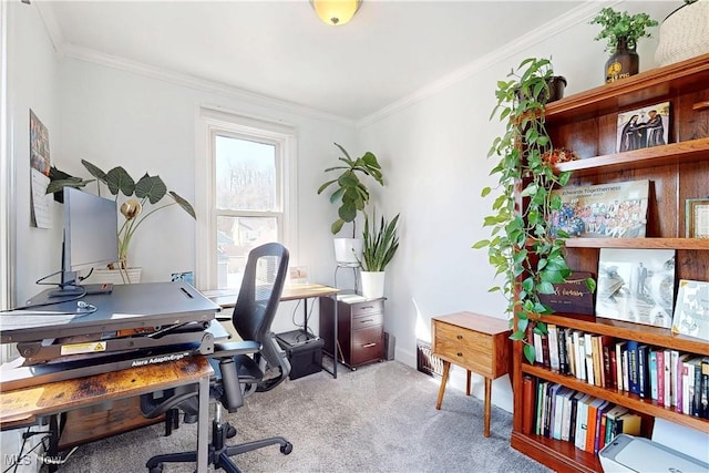 office area with light carpet and crown molding