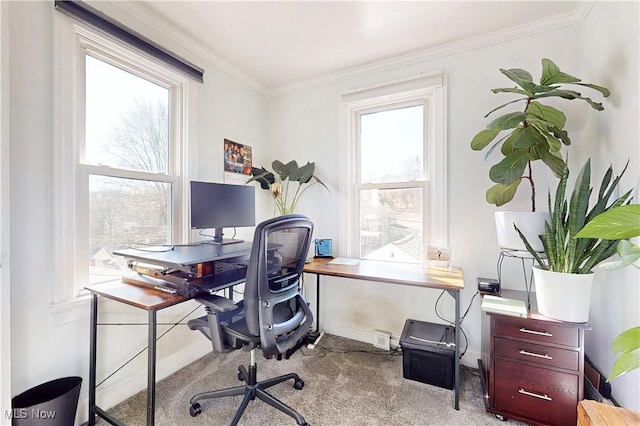 carpeted office with baseboards and ornamental molding