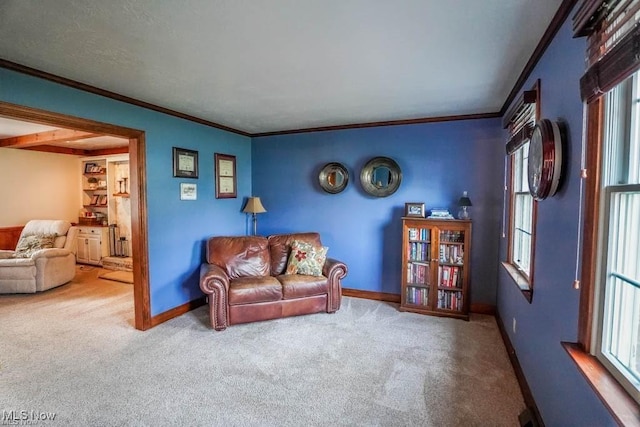 carpeted living room with crown molding, plenty of natural light, and baseboards