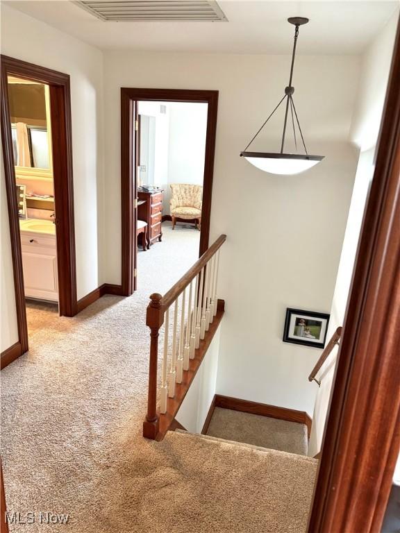 staircase featuring visible vents, baseboards, and carpet flooring