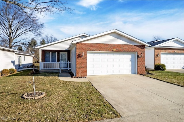 ranch-style home featuring brick siding, a front lawn, a porch, driveway, and an attached garage