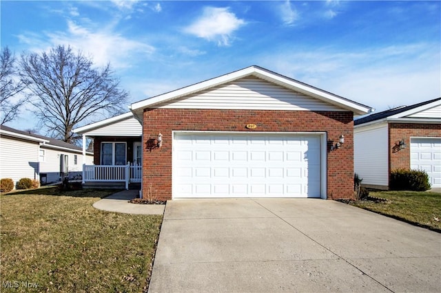 ranch-style home featuring brick siding, an attached garage, a front lawn, covered porch, and driveway