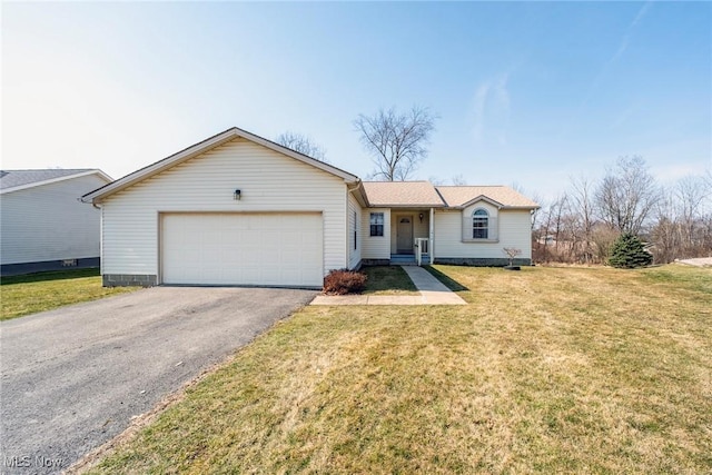 single story home with aphalt driveway, a front lawn, and an attached garage