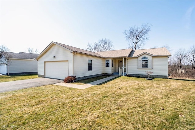 single story home featuring aphalt driveway, a front lawn, and an attached garage