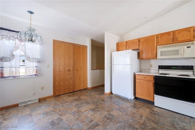 kitchen with white appliances, baseboards, visible vents, and light countertops