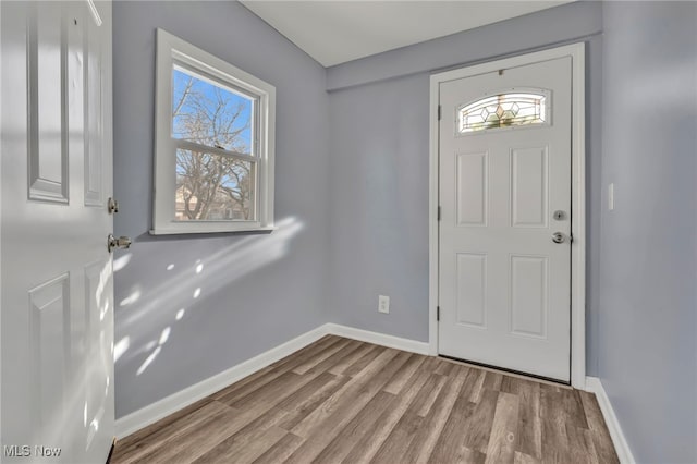 foyer with baseboards, plenty of natural light, and wood finished floors